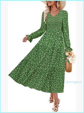 Floral Boho Maxi Dress Long Sleeve V Neck A Line Flowy Wedding Guest